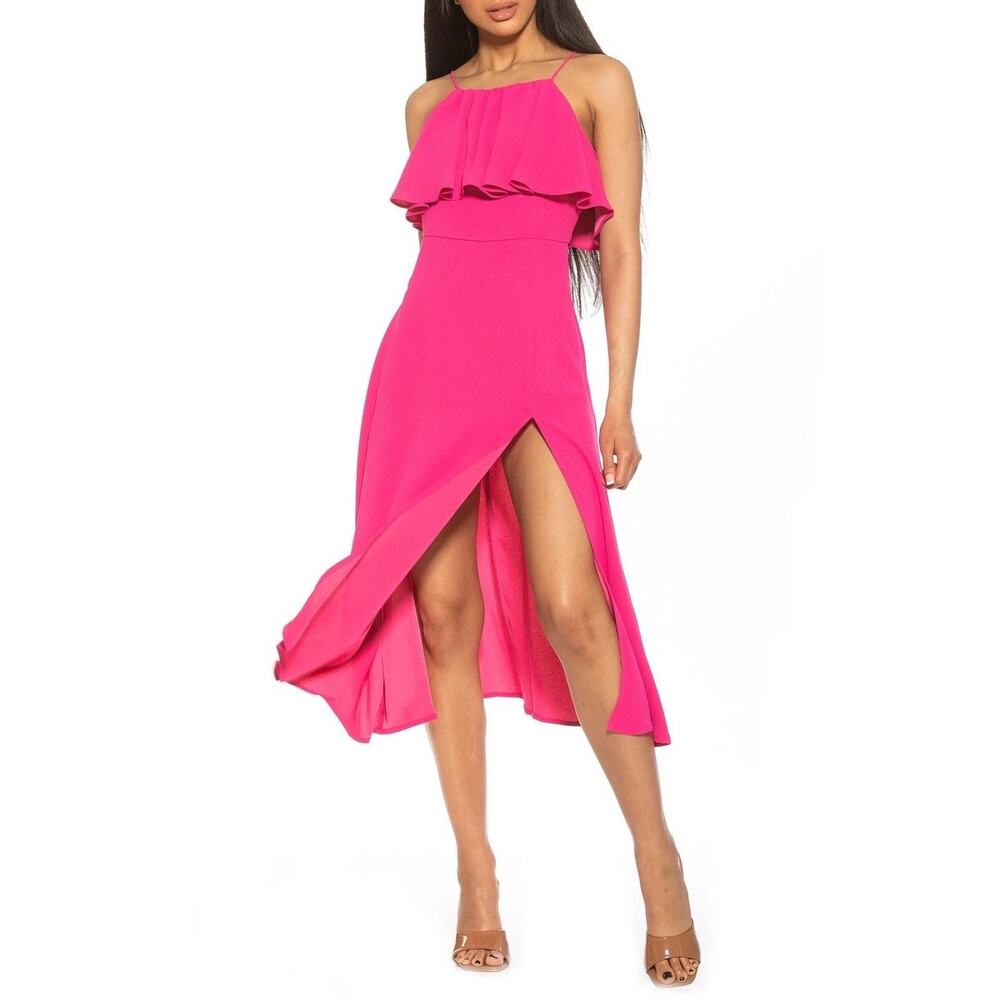 NWT Alexia Admor Hailee Ruffle Halter Midi Dress Size 6 Hot Pink Cocktail Party